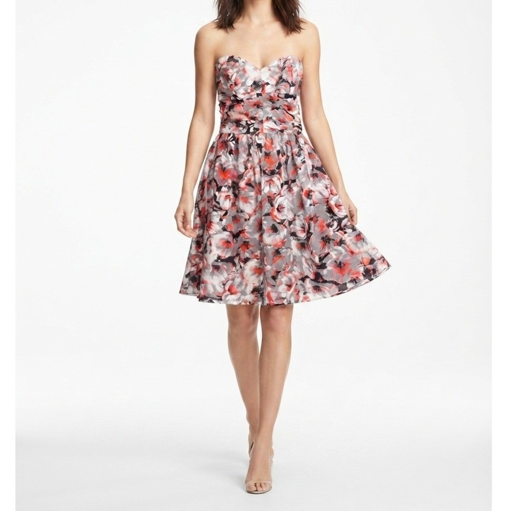 Parker Floral Strapless Silk Mini Dress Fit Flare Ruched Bodice Grey Red Small